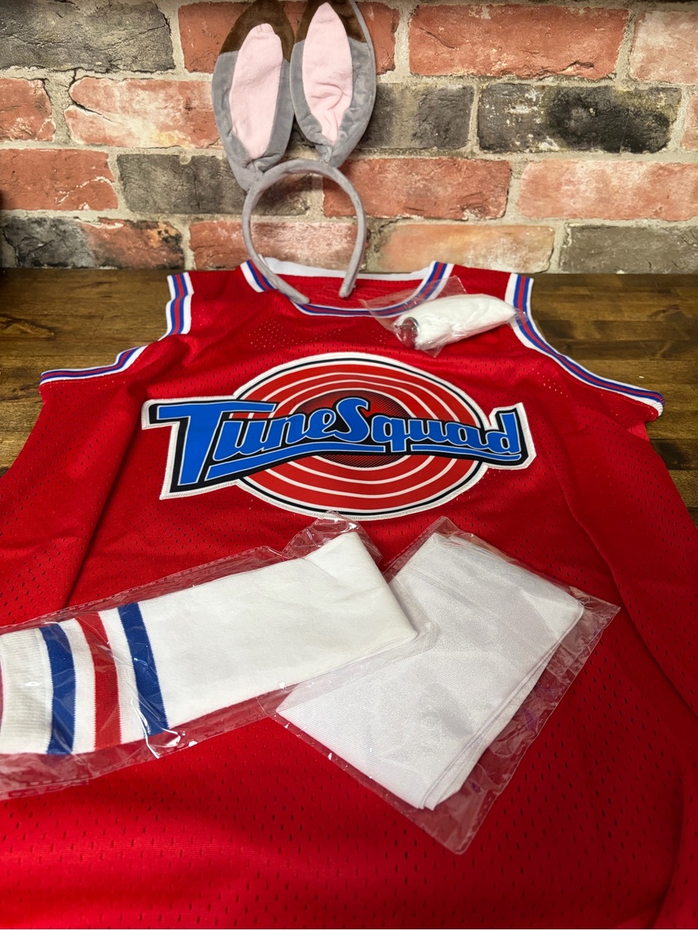 Tune Squad Red Mens Costume Jersey with Bunny Ears Tail, Socks and White Gloves